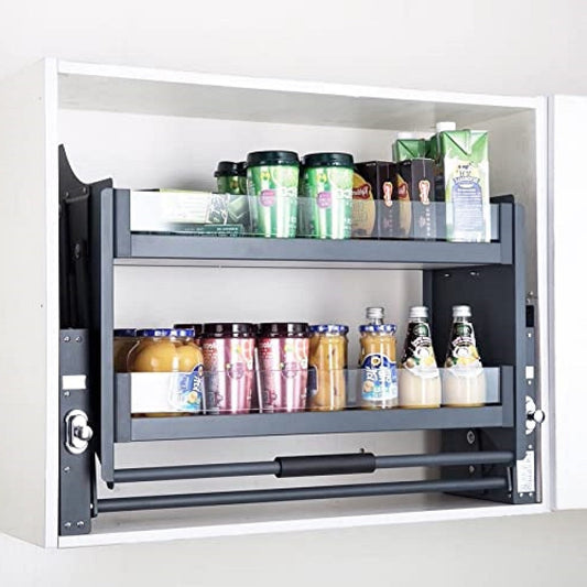 Avocetmobily Modular Kitchen Storage Rack Lift Basket Elevator Glass Finished Pull Down Two Shelf Unit For Cabinet