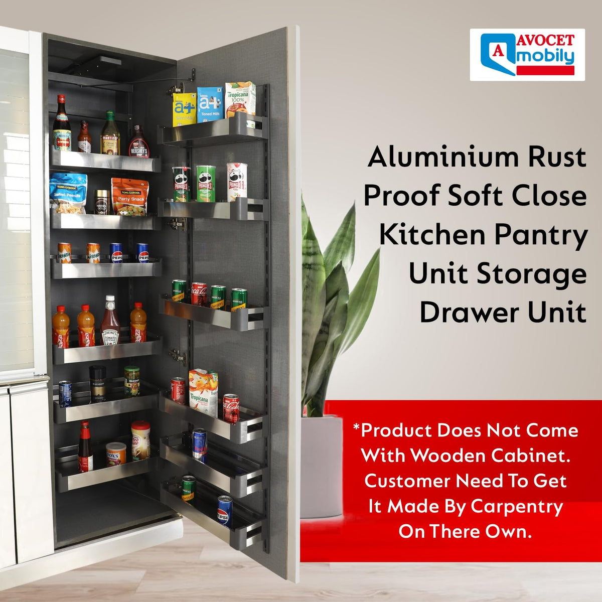 Avocetmobily Aluminium Rust Proof Soft Close Kitchen Pantry Unit Storage Drawer Unit - Cabinet Width Required 450mm 12 Baskets (Without Box)
