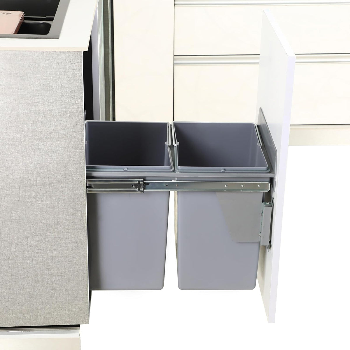 Avocetmobily sliding Pull-Out Waste Bin 40 liters .Pull Out Storage Kitchen Cabinet dust bin (Cabinet width 15"), Double Waste Bin for Kitchen Cabinet, Grey